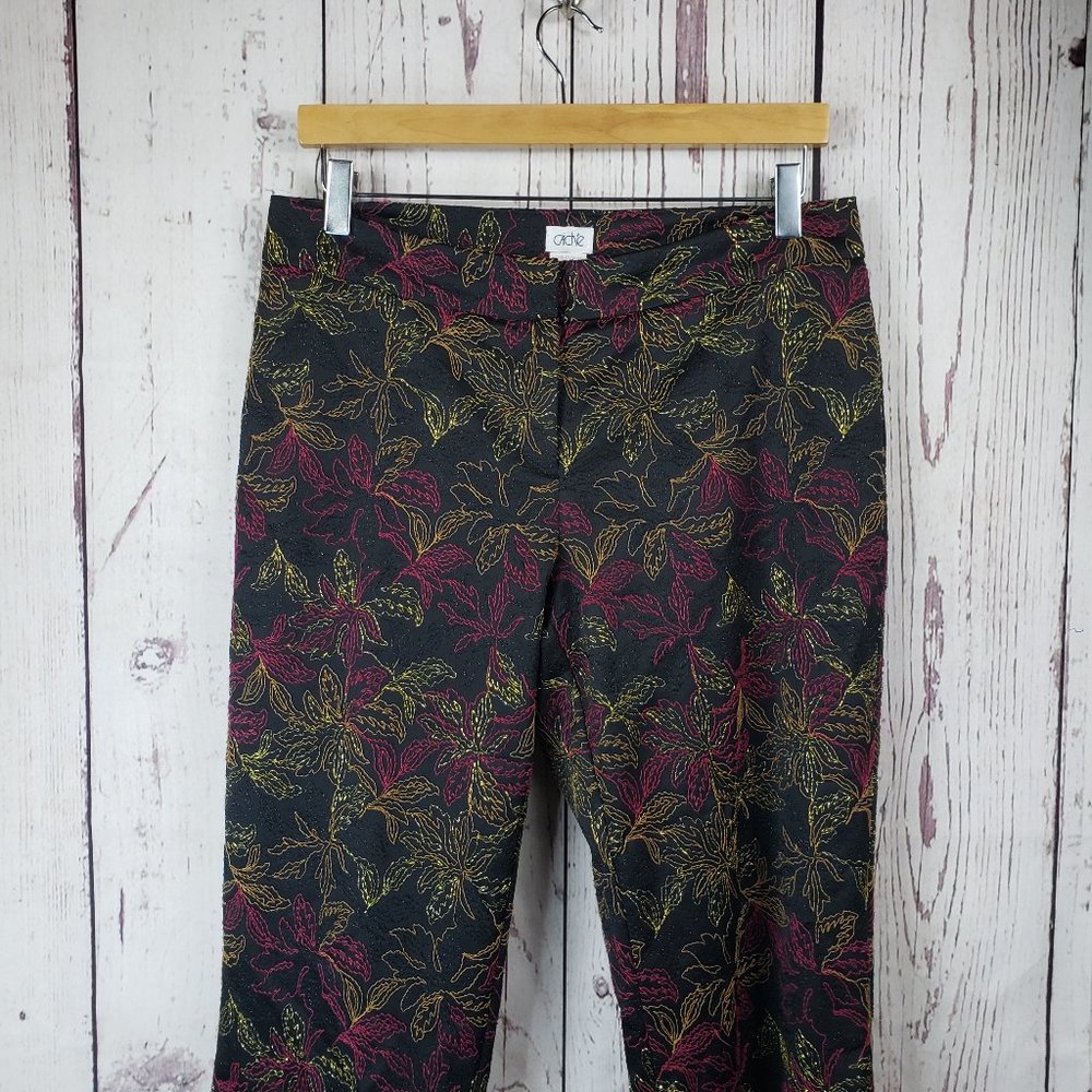 Cache Womens Dress Pants Size 10 Flare Leg Floral Embroidered Metallic Black